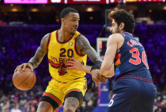 Atlanta Hawks forward John Collins (20) moves to the basket against Philadelphia 76ers guard Furkan Korkmaz (30) during the second quarter at Wells Fargo Center.